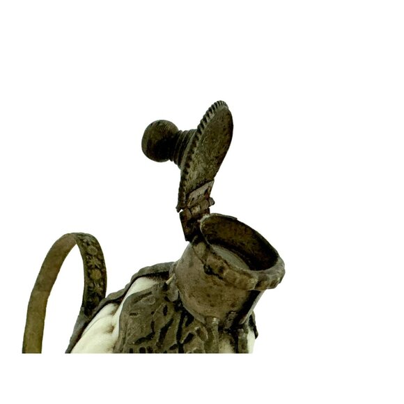 Vtg Middle Eastern White Fluted Ceramic Pot Metal Handle Lid Ornate Brass - Picture 3 of 9